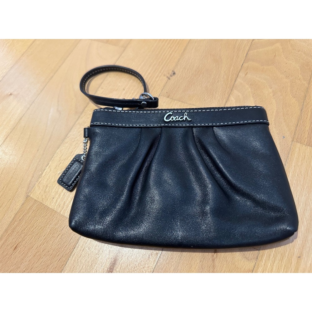 Coach Black Pleated Leather Wristlet Pouch Silver Logo Contrast Stitching